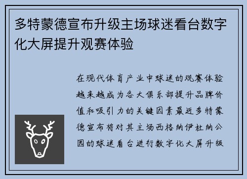 多特蒙德宣布升级主场球迷看台数字化大屏提升观赛体验
